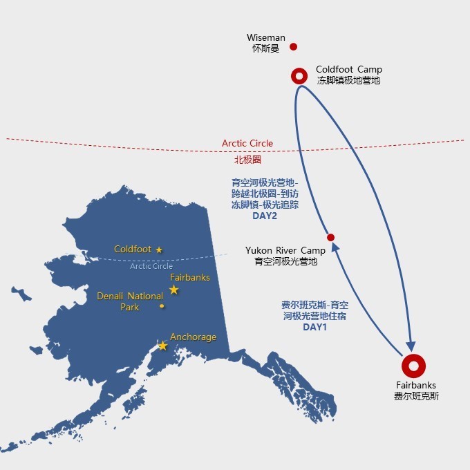 观测机会/陆路跨越北极圈/赠送北极光探险证书 冻脚镇/费尔班克斯)